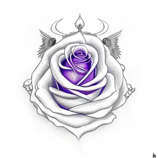 Purple Rose With Crown In Front Of A Flying Raven With Filigree