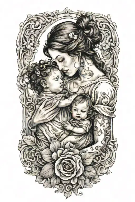 Mother With A Little Girl And Infant Baby Boy