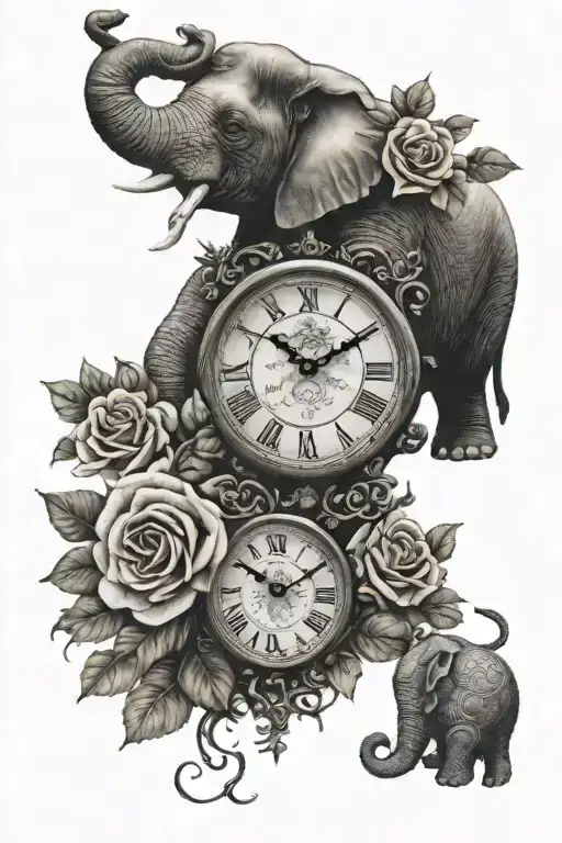Clock And Roses And Elephant