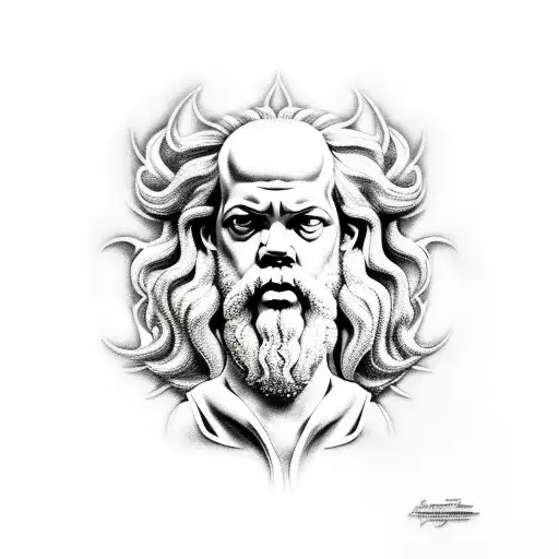 A Realistic Portrait Of Socrates Surrounded By Flames And Heavy Metal Symbols