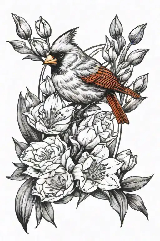 Cardinal And Tulips