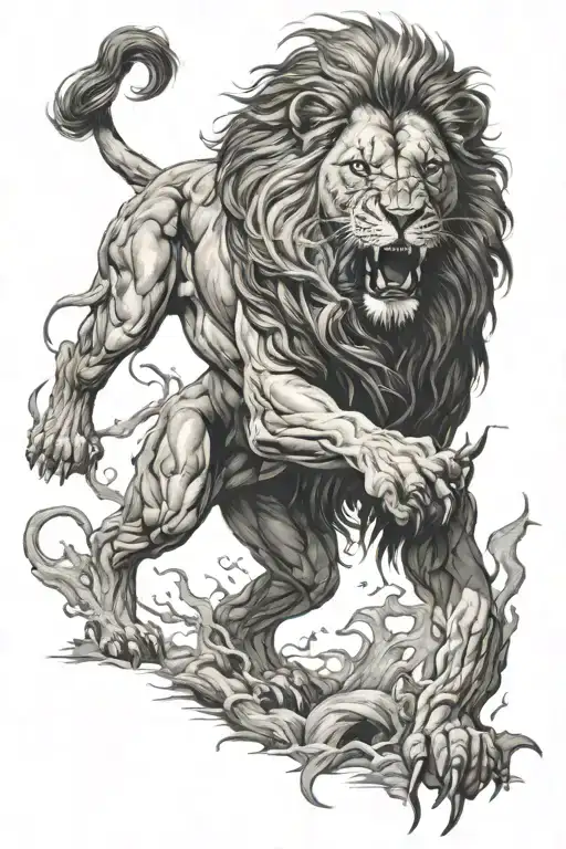 Lion Standing On Rear Feet Fighting Against Dark Fiend