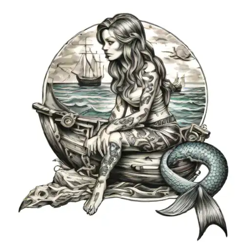 Mermaid Sitting With Shipwreck Scene