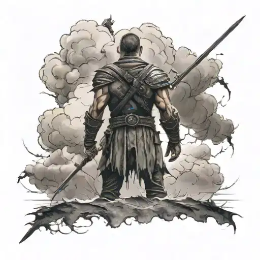 Alone Warrior Standing From The Back Facing A Storm
