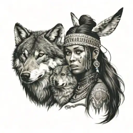 Beautiful Aboriginal Woman With Wolf On Head Emerging