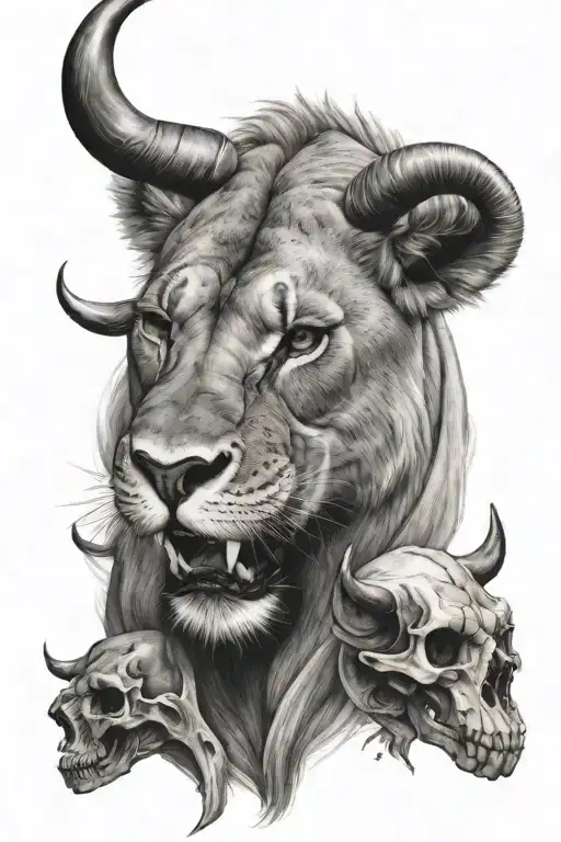 Lioness With A Bull Skull