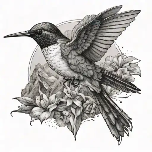 Hummingbird With A Mountain At The Back And A Graduate Symbol Integrated Black And White Color