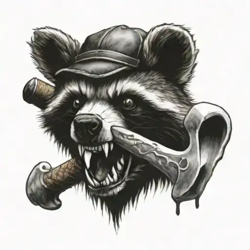 Zombie Raccoon Skull Biting A Tomahawk