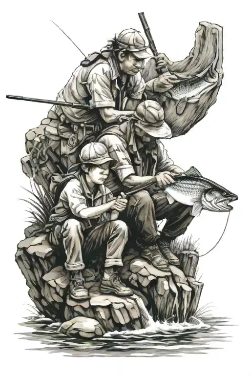 Kid And Man Fishing On A River Flowing
