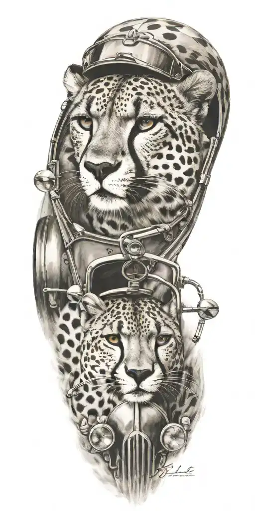 A Realistic Portrait Of A Cheetah Driving A Vintage Race Car
