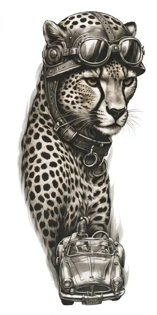 A Realistic Portrait Of A Cheetah Driving A Vintage Race Car
