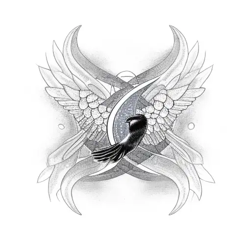 A Crescent Moon Made Of Intertwined Snakes With A Raven Flying Across It