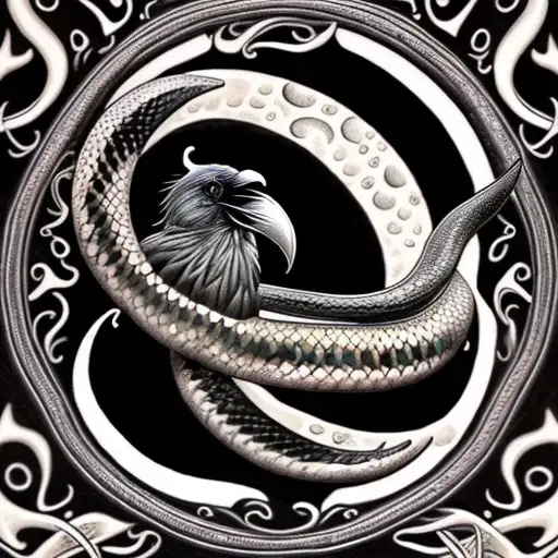 A Crescent Moon With Intertwined Snakes With A Raven Flying Across It