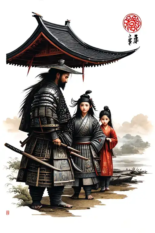 Samurai With Wife And Daughter Out Of Traditional Japanese House