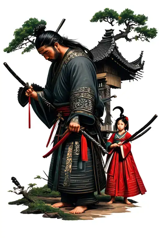 Samurai With Wife And Daughter Out Of Traditional Japanese House