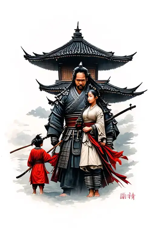 Samurai With Wife And Daughter Out Of Traditional Japanese House