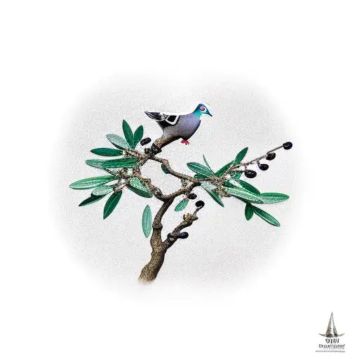 A Pigeon With A Branch In Its Mouth Hovering Over An Olive Tree
