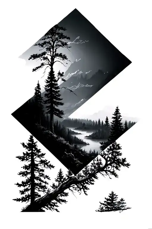 Grays Tattoo - Fine Line Rhombus With Forest Trees And Nature Views On The Inside