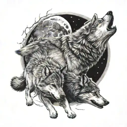 Family Of Wolves Chasing Away The Moon