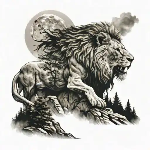 A Lion Roaring On Top Of A Mountain Peak Surrounded By Trees
