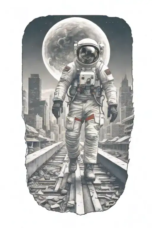Astronaut Walking Down Road In Abandoned Metropolis Crumbling Skyscrapers Under Cosmic Sky