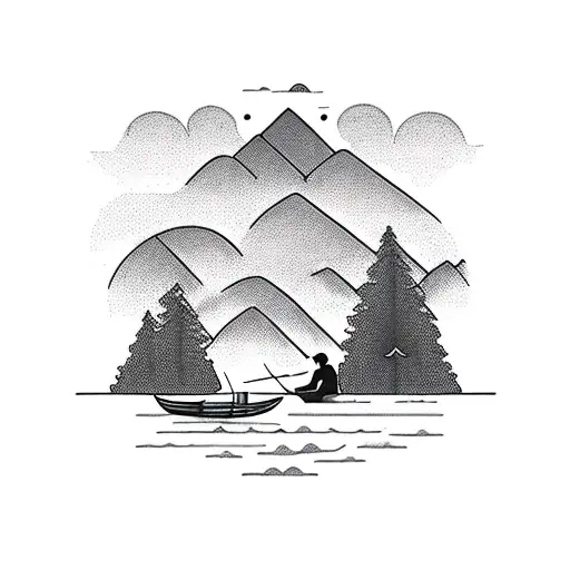 Man Fishing In A Boat On A River With Mountains In The Background Trees Over Lapping