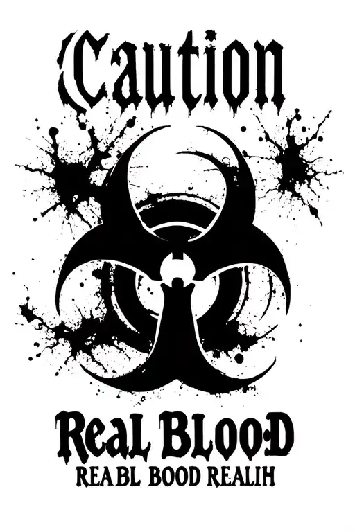 Biohazard Symbol With Text Above It Saying Caution And Text Below It Saying Real Blood