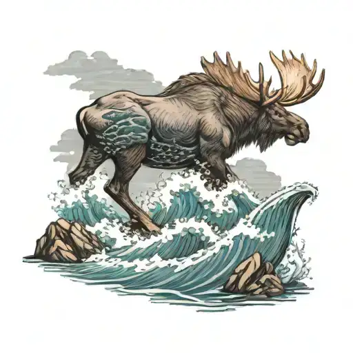 Moose With A Fish Tail Like A Mermaid On A Rock With Wave Crashing Behind It