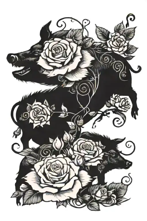 Wild Boar Looking Forward With Roses Around It