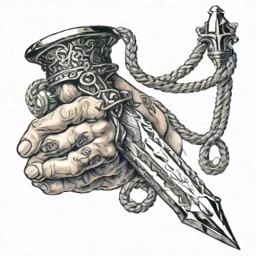 Sword Of Damocles Suspended From The End Of A Thin Rope Held By The Fingertips Of A Hand