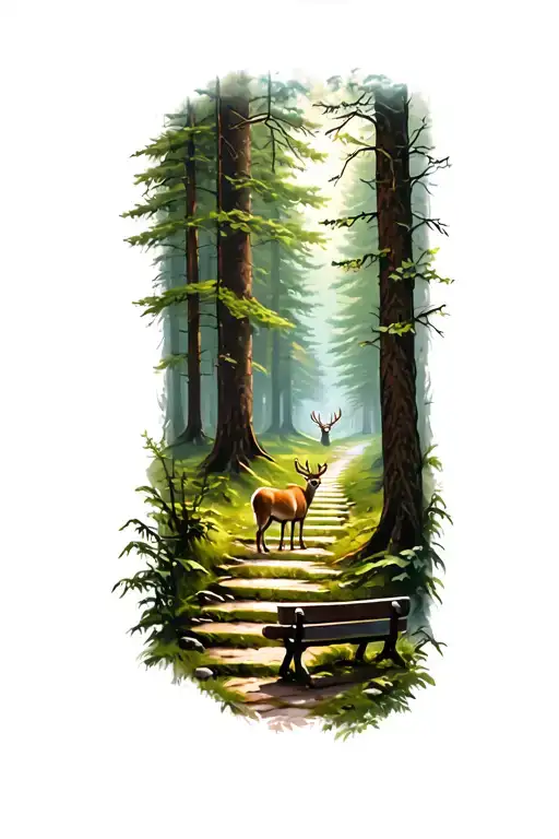 Forest Path With A Bench And A Deer