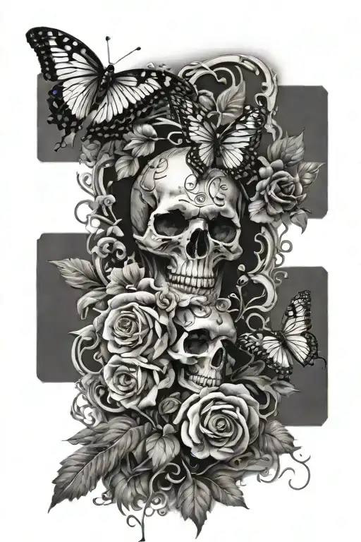 Black And Grey Realism Leg Sleeve With Skulls Vines Butterflies And Flowers