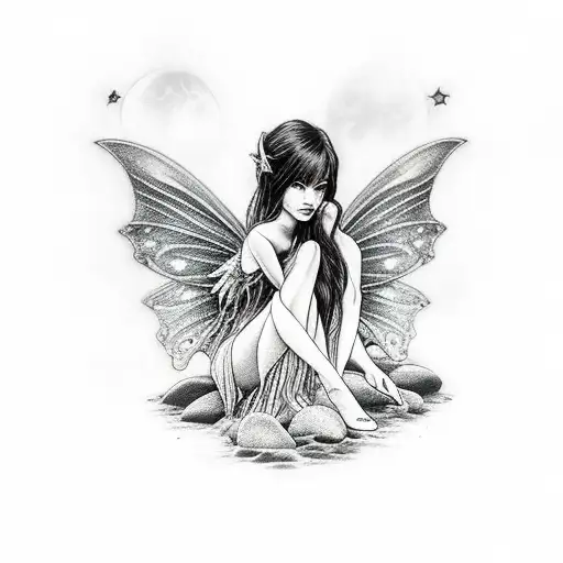 Dark Fairy Sitting On A Rock With Moonlight Reflection