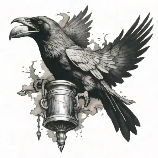 A Flying Raven In Drawn Hyperrealism With Thor's Hammer As A Background Suitable As A