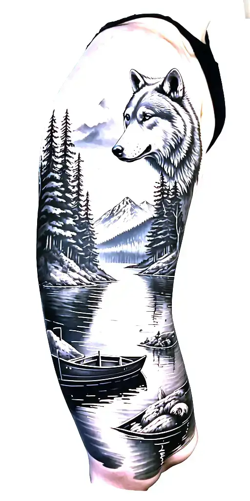 A Black An Grey Tattoo Of A River Mountain Forest Lake Boat Wolf Bear