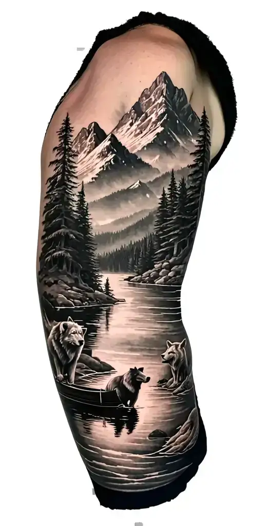 A Black An Grey Tattoo Of A River Mountain A Bear A Wolf And A Forest With A Boat In The River