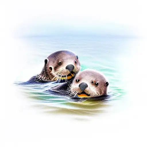 2 Sea Otters Hugging Baby Otter