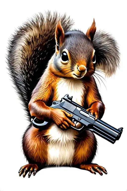 Squirrel Holding A Gun Neo Traditional Style Bold Outlines No Wool