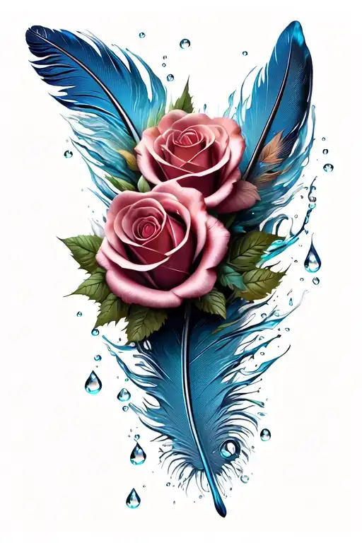 3D Feather With Roses And Water Droplets Flowing