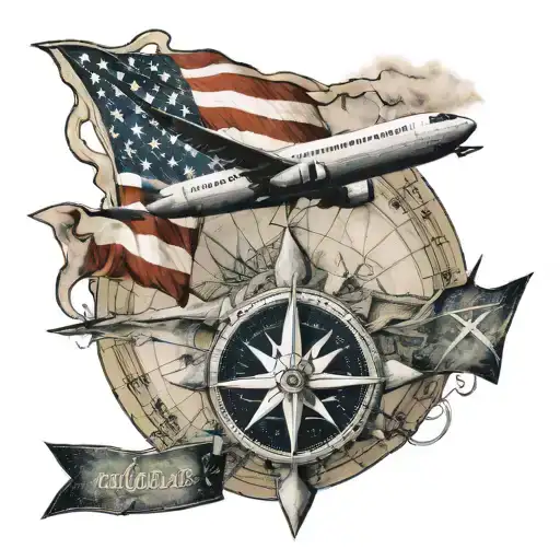 American Flag With Compass And Map And Plane