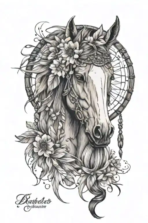 Horse Head Inside Dream Catcher With Flowers Blooming