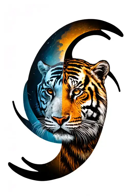 Circular Tatoo Right Half Tiger Face And Left Half Moon