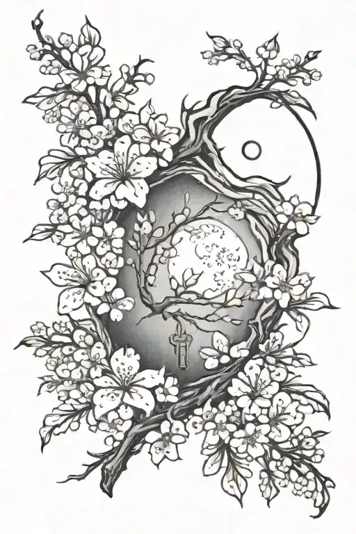 Cross Center With Cherry Blossom And Moon