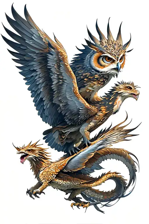 Owl Phoenix And Dragon Flying