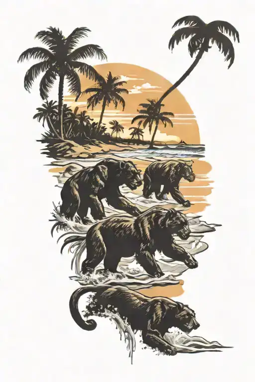 Panther Fighting Bear At The Beach Sunset With Palm Trees