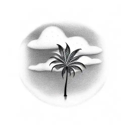 A Dotwork Tattoo Of A Palm Tree With Minimalist Clouds In The Background