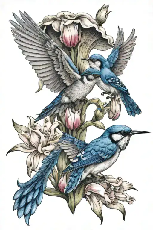 Humming Bird With A Blue Jay With Lilly Flower And Tulips