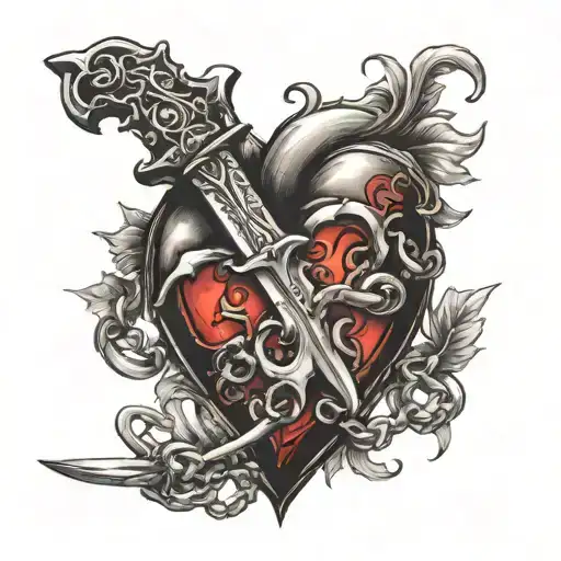 A Heart With An R Inside Surrounded By A Chain Around A Dagger
