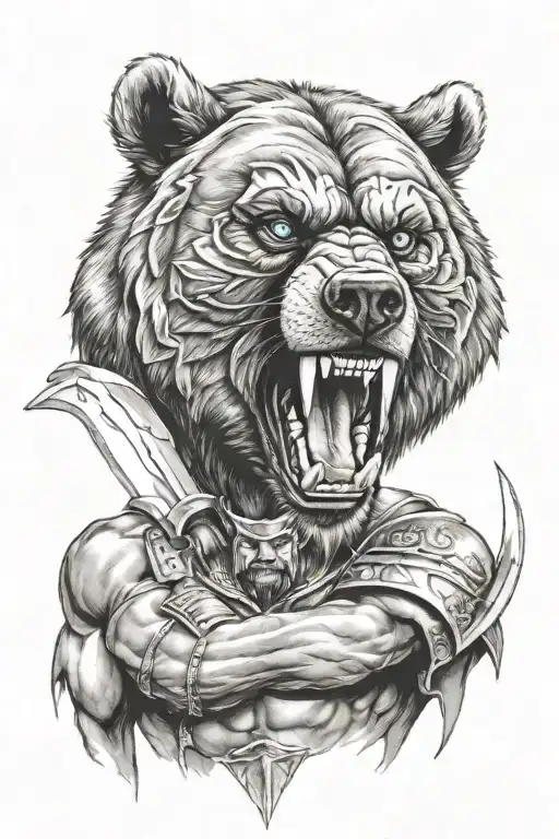 Angry Bear & Human Spartan Warrior Blue Eyes Looking