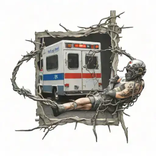 Person Trapped In Barbed Wire With Ambulance In Background